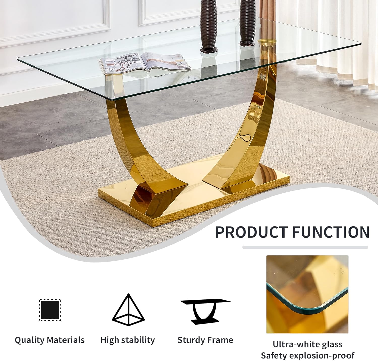 HomVent Contemporary Glass Top Rectangular Kitchen Dining Table, 0.39 Clear Tempered Glass Top Kitchen Table with Stainless Steel Base, Home Office Kitchen Dining Room Table Furniture(C, Gold Base) - Image 6