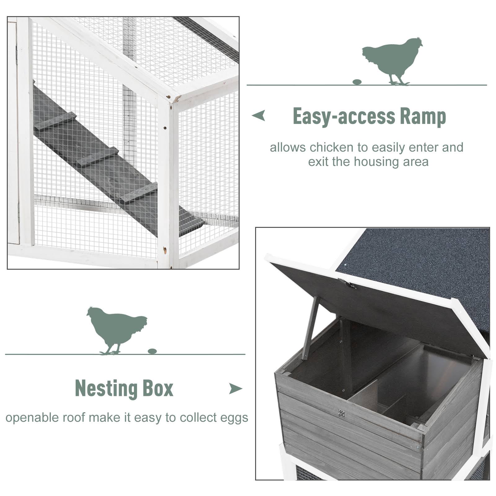 PawHut 69×22 Outdoor Wooden Chicken Coop Hen House with Nesting Box and Run – White - Image 4